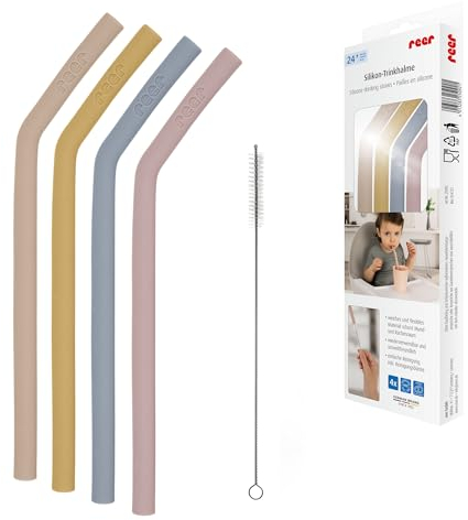 reer Lot de 4 pailles en silicone pour tout-petits et enfants à partir de 24 mois | Lot de 4 pailles aux couleurs vives | Avec brosse de nettoyage pratique, Coloré