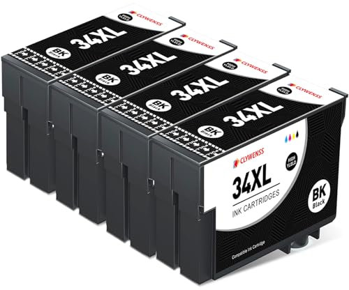 Clywenss 34XL Druckerpatronen Schwarz Kompatibel für Epson 34 XL Schwarz Patronen für Workforce Pro WF-3720 WF-3725 WF-3720DWF WF-3725DWF WF3720 WF3725 Tintenpatronen, 4er-Pack