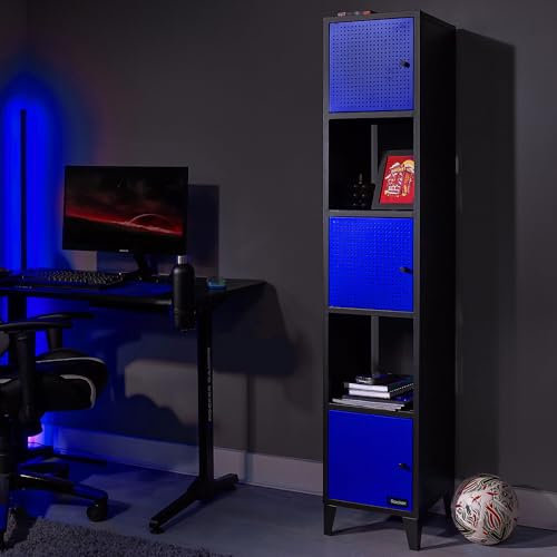 X-Rocker Mesh-Tek Tall 5 Cube Storage Unit, Bookcase Display Cabinet with 3 Cupboard Doors and 2 Shelves, Metal Sideboard Locker - Black & Blue