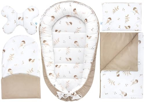 PEPI - 5 teilig Babynestchen Set - Babynest 95x50 - Babydecke - Matratze - Kopfkissen - Kissen - 100% Baumwolle uns Samt - Baby Erstausstattung Neugeborene - (Velvet, lovely bird cappucino)