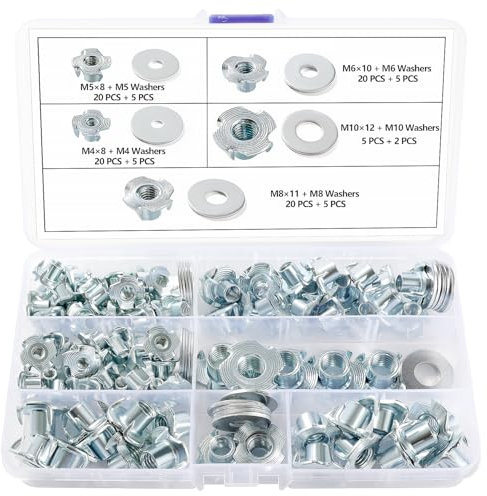 Lyeteung 85 Pezzi M4/M5/M6/M8/M10 T Dado Filettato Kit, Dadi a T a 4 Punte, Dado a T a Punta, con 22 Pezzi Rondelle, per Legno, Armadi, Mobili