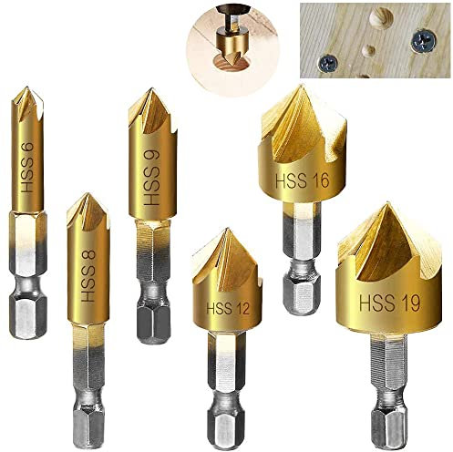6Pcs 1/4 Hex HCS Fraise à Chanfreiner 5 Flûte Foret Embouts pour phanfreiner Évier à Fraise Conique 6mm/8mm/9mm/12mm/16mm/19mm Pour Bois Métal
