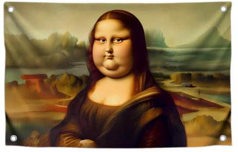 Tapisserie-Polyester-Flagge mit Fat Mona Lisa mit vier Messingösen, Meme-Flaggen für drinnen und draußen, lustige Männerhöhlen-Wandflagge, Dekoration für Studentenwohnheim, Wandteppich