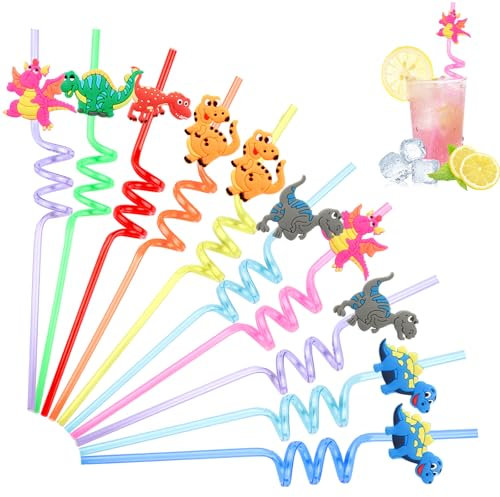 10 Stück Dinosaurier Strohhalme Kinder, Dinosaurier Deko Geburtstag, Trinkhalme Plastik Wiederverwendbare für Geburtstagsdeko Party Deko