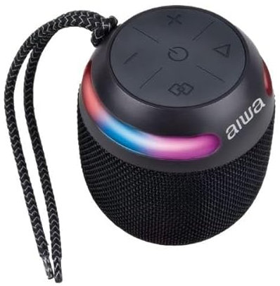 Aiwa BST-100 Enceinte Bluetooth Portable 5 W, étanche IP66, Mains Libres, lumière synchronisée RVB, jusqu'à 8 h de Lecture, USB-C, Compatible avec Android/iOS/Windows Noir