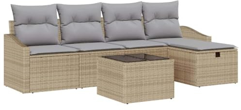 vidaXL 6-teiliges Gartensofa-Set mit Kissen in Beige – wetterfestes Outdoor-Poly-Rattan-Sitzmöbel im modernen Design. Ideal für Terrasse, Balkon und Garten oder sogar für Dein Wohnmobil.