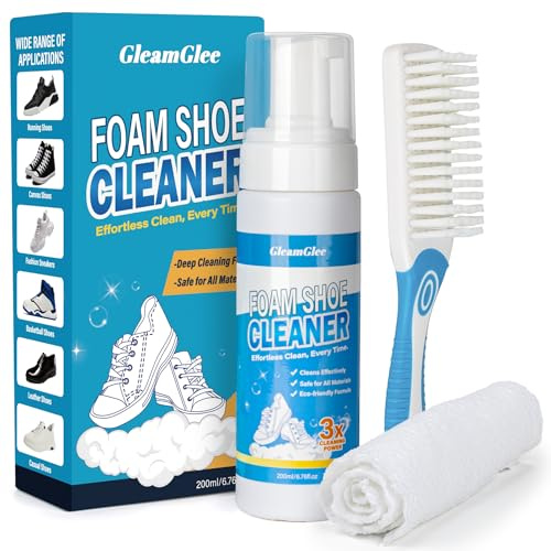 Shoe Cleaner Kit 200ml, Deep-Cleaning White Sneaker & Trainer Cleaner | Fast-Drying Foam Lifts Dirt and Stains with Brush & Microfibre – For Leather, Canvas, Knit, Boots, Rubber & Running Shoes