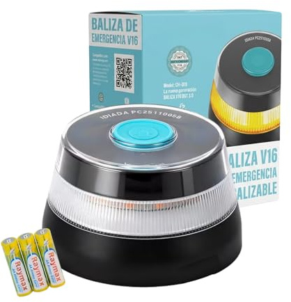 MAGIC SELECT Notfallleuchte V16 DGT 3.0 Zugelassen mit Geolokalisierung für Straßensignalisation, Auto und Motorrad, 360º Orange Blinklicht, Magnetische Basis, Enthält 3 AA Batterien