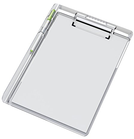 ARDA Portablocco A4 | Cristallo Trasparente con Pinza in Metallo e Pratico Alloggio Portapenne