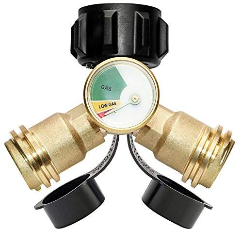 DozyAnt Adaptateur en T pour Propane avec jauge de réservoir de Propane Indicateur de Niveau de Fuite Détecteur de Pression de gaz, 100% Laiton Massif avec 1 QCC mâle et 2 Femelles QCC