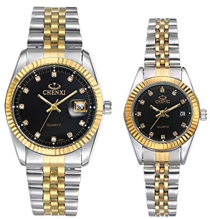 JewelryWe 2pcs Paar Uhr Analog Quarz Kalender 30M Wasserdicht Partner Armbanduhr Edelstahl Armband Herren Damen Uhren mit schwarz Strass Zifferblatt
