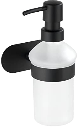 WENKO Seifenspender Mod. Orea ohne Bohren nachfüllbar satiniertes Glas mit Halterung aus rostfreiem Edelstahl Schwarz matt 10 x 16,5 x 10,5 cm