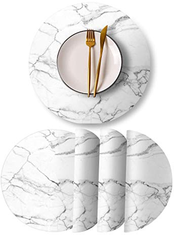 Runde Leder Tischsets, 4er-Set, PU, wasserdicht, rutschfest, waschbar, hitzebeständig, Tischset für Küchentisch, Esstisch, Marmor-Weiß