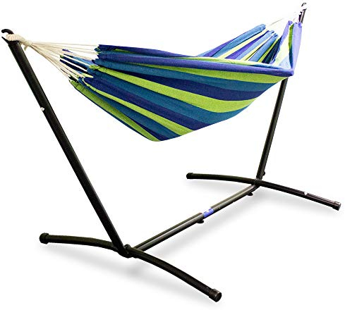Lacestone Hängematte mit Gestell Hängeliege Relaxliege Outdoor Indoor 180x140 bis 120Kg (Blau/Grün)