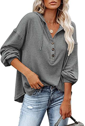 PLOKNRD Kapuzenpullover Damen Langarm Knöpfen Pullover mit Kordelzug Freizeit V-Ausschnitt Hooded Henley Sweatshirt Klassisch(Dunkelgrau, 2XL)
