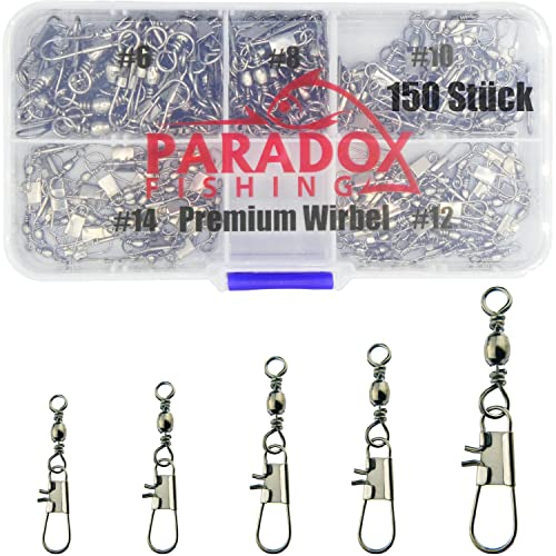 Paradox Fishing Angel Wirbel Set I enthält Größen #6-#14 150 Stück I Wirbel Angeln Angel-Zubehör Set Wirbelsortiment Angelwirbel mit Karabiner Karabinerwirbel Angelzubehör