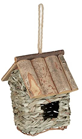 Relaxdays Vogelhaus zur Dekoration, aus Holz, Rinde u. Stroh, zum Aufhängen, Balkon & Garten, HBT: 20x13,5x16cm, Natur