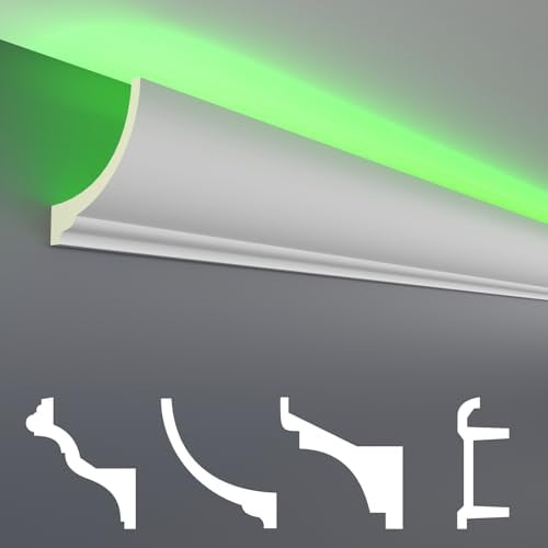 HEXIM LED Stuckleisten Sparpakete - Indirekte Beleuchtung mit Deckenleisten aus PU, leicht & lichtundurchlässig- (2m LED-1) Lichtvouten Fassade Weiß