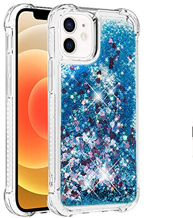 KBIKO-zxl iPhone 12 Case, Liquid Glitter Case Air-Cushion Drop Resistant Bling Shiny Sparkle Flowing ShockProof Soft TPU Bumper Cover for iPhone 12.Blue YBL