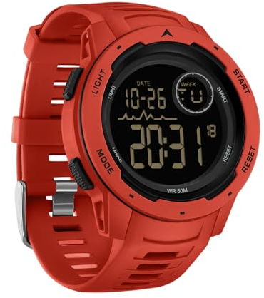 Mens Sports Watches Digital Watch for Men 5ATM Waterproof Watch Military Tactical Watch for Outdoor Running Swimming Large Face Wrist Watch with LED Backlight Black Red