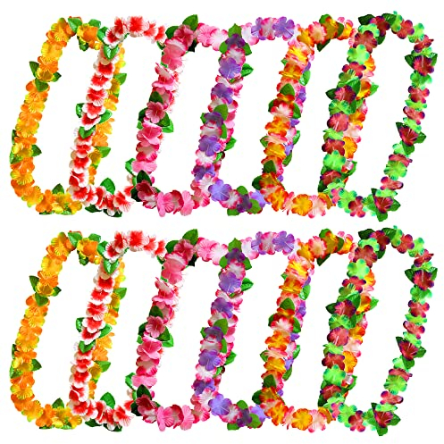 AWCIGG Hawaii Blumenkette, 12 Stück mit Grünen Blättern, Multicolor, für Hawaii Kostüm, Luau Beach Geburtstage Party Deko