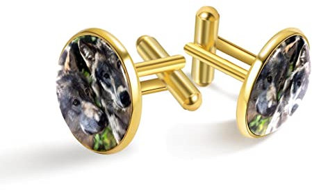 Personalisierte Gold Manschettenknöpfe für Smoking Hemd Grau Wolf Zwei Wölfe Wild, 20mm*20mm, Edelstahl, Künstlicher Quarz
