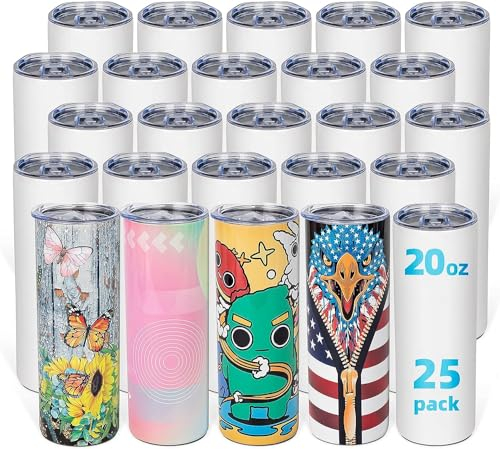 UIRZOTN 25 Pack 20oz Sublimation Tumbler Blanks Skinny Straight in Bulk, Stainless Steel Insulated Sublimation Tumbler with Polymer Coating for Heat Transfer, With Lid, Straw, ribbon, Gift box