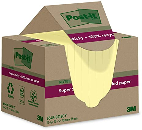 Post-it Super Sticky Recycled Notes, 12 Pads (840 Sheets), 76 mm x 76 mm | Self-Stick Notes Made from Recycled Paper, Stronger Hold, for Reminders, Lists and Planning, Adhesive on Vertical Surfaces