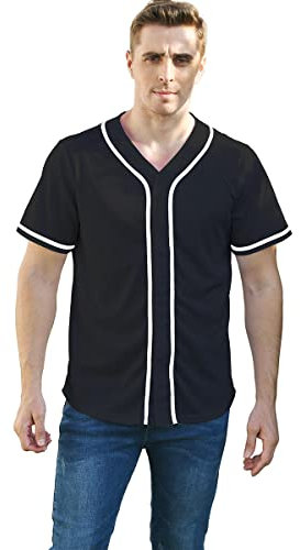 Mowbeat Herren Baseball Trikot Button Down Shirts Sport Uniform Jersey Gestreiftes T-Shirt Active Kurzarm Tee Team Kleidung, Schwarz, XXL