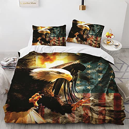 YURKO Kuschel Bettwäsche Amerikanische Flagge Adler Polyester Baumwolle 155X220 Deckenbezug Kein Bügeln Mit 2 Kissenbezügen 80X80Cm 155X220 cm