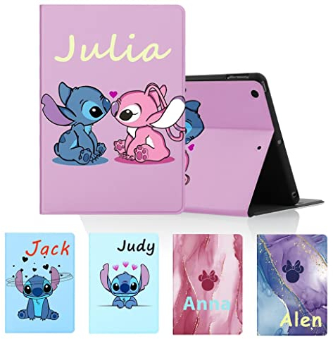 Personnalisée Coque pour Apple iPad Air 2 9,7 Modèles A1566 A1567, Personnalisable Texte DIY Étui avec Mignon Dessin Animé Stitch Housse de Protection Ultra Fine Cuir PU Cover