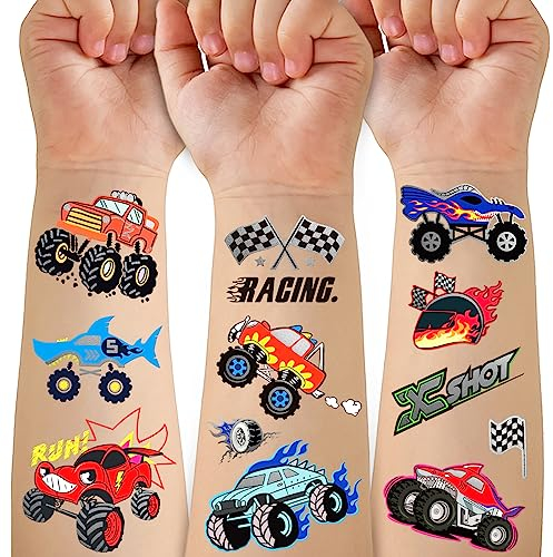 75 PCS Truck Temporäre Tattoo für Kinder,Metallic Styles Tattoos für Truck Geburtstag Party -Rennauto karierte Flagge Trophäe Flammen Rad gefälschte Tattoo Aufkleber für Jungen