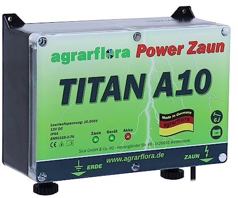 Agrarflora 12V Weidezaungerät Titan A10 - 10.000 Volt - 6 Joule - Schlagstarkes Batteriegerät für einen sicheren Weidezaun - Elektrozaungerät für optimale Hütesicherheit - Made in Germany