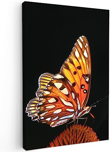 MuchoWow© Impression sur Toile Photo Peinture 60x90 cm Tableau Decoration Murale Chambre Salon Maison Deco Cuisine Papillon - Fleurs - Insecte - Portrait - Noir - Orange