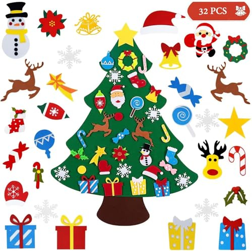 JINYUNMIN Albero di Natale fai da te, albero di Natale in feltro per bambini, bambini con 32PCS ornamenti rimovibili, appendere decorazione decorazione per casa porta muro (100 x70cm)