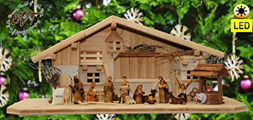 ÖLBAUM BTV Krippe mit LED-Licht-Krippen aus Naturholz XXL 70 cm Krippenstall-Weihnachtskrippe, mit LED + Brunnen + Dekor, MASSIVHOLZ klassisch-Natur, leicht