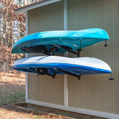StoreYourBoard G-Kayak Wall Storage Rack, Outdoor Kayak Rack for 2 Boats, Heavy Duty Kayak Wall Mount Holds 200 lbs, Adjustable Wall Mount Kayak Hanger for Shed, Dock, Fence, or Under Deck Storage.