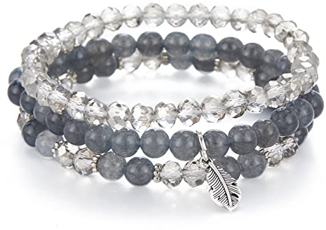 FULU AUTUMN Perlenarmband Stretch Damen Armband Mehrschichtiges Boho Modeschmuck für Mama Oma und Frau Geburtstagsgeschenk(Grey)