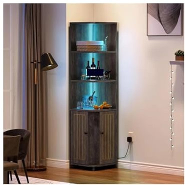 WANP-678 Seitenschrank Eckschrank mit LED-Leuchten, 71,1-Zoll-Eckbücherregal und Bücherregal mit Stauraum, modernes Ausstellungs-Eckregal Eckschrank
