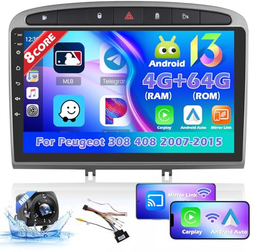 Hikity 4G 64G 8Cœurs Autoradio Android 15 pour Peugeot 308 308SW 408 2007-2015 Carplay Wireless Android Auto 9'' Poste Radio avec GPS Bluetooth WiFi RDS DSP 3 écran Partagé SWC Caméra de Recul