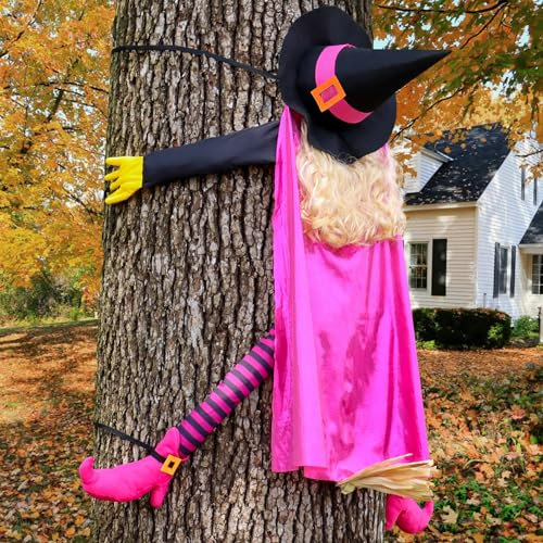 Giiffu Décoration Extérieure d'halloween 135CM Décorations Halloween Suspendues Sorcière s'écrasant dans l'arbre, Sorcière Volante Rose Frappant Arbre Décor Exterieur pour Porche, Porte, Cour, Jardin