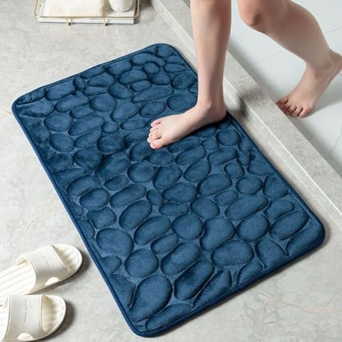Tapis antidérapant en forme de galets pour salle de bain, tapis doux en mousse à mémoire de forme, absorbant l'eau (bleu foncé)
