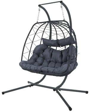 ALEOS. Doppel Twin Rattan Geflecht Korb Hängesessel mit Gestell komplett inkl. großem dickem Polster, Korbhängesessel Indoor und Outdoor, Modell Korfu
