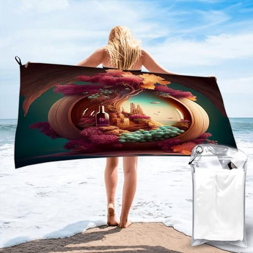 FJQWKLF Strandtuch mit Wein- und Weinfass-Muster für unterwegs, leichte Mikrofaser, weich, schnelltrocknend, sandfrei, zum Schwimmen, Pool, Camping, Yoga, Training, 80 x 160 cm