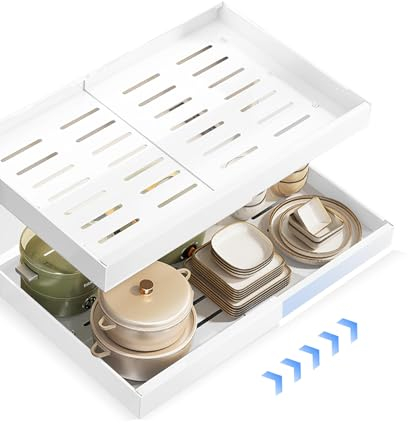 2 Cassetto Estraibile Cucina, Cassetti Estraibili per Cucina Non Sono Necessarie Forature E Chiodature Espandibile Cassetto Telescopico per Bagno Soggiorno 32-52x42x7cm (white*2)