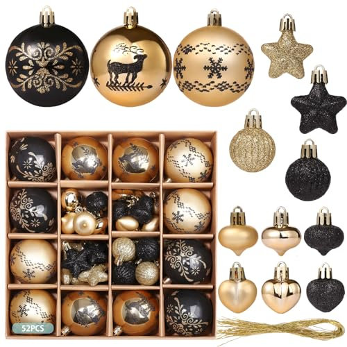 Kesote Weihnachtskugeln Gold Christbaumkugeln Schwarz 52er Weihnachtsbaumschmuck Weihnachtsdeko für Weihnachten Party