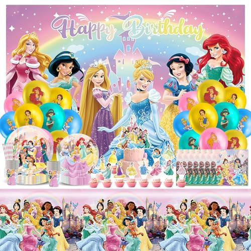 Dekewe 137 PCS Princess Birthday Party Decorations, Kids Party Tableware Set with Plates Cups Napkins Backdrop Straws Cake Toppers Tablecloth and Balloons for Kids Birthday Party