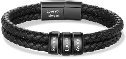 kaululu Personalisierte Herren Lederarmband mit Namen Graviert Perlenarmband Schwarz Braun für Männer Papa Opa Freund Vatertag Geschenke Weihnachten Personalisierte Geschenke Männer (Schwarz-3)