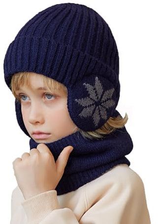 YAMEE Winter-Strickmützen-Schal-Set für Kinder, Wintermütze mit Ohrenklappen Kälteschutz Winddicht, 2-teiliges Beanie Warme Plüsch, Kappe für 4-10-jährige Jungen Mädchen