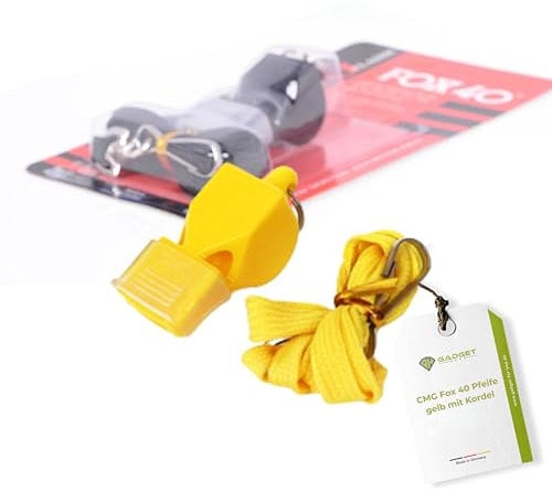 HeroSports Fox 40 Trillerpfeife - Schiedsrichterpfeife - Signalpfeife - Trainerpfeife - Sicherheitspfeife mit Band - Sport Pfeife ohne Kugel - Whistle - Rettungspfeife - laute Trillerpeife (Gelb)